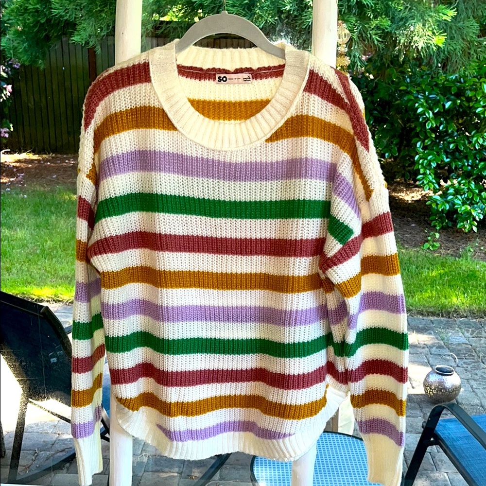 SO Cream and Rainbow Striped Crew Neck Sweater with Relaxed Fit